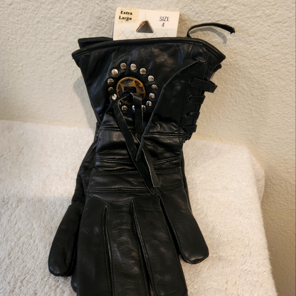 Women's Motorcycle Riding Black Leather Gloves with Studded Detail